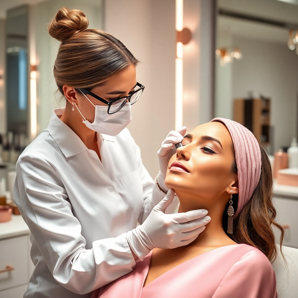 professional cosmetologist performing facial treatment