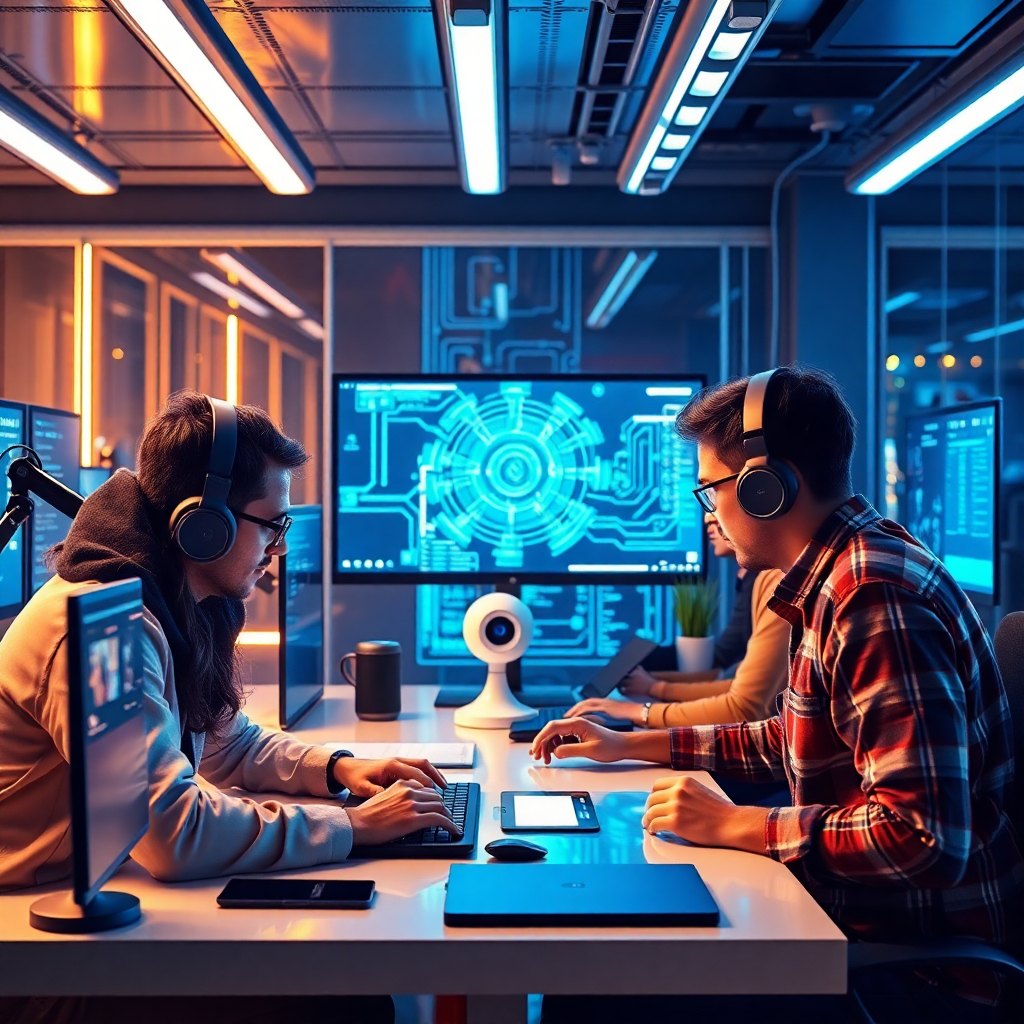 modern software development team working on AI applications, futuristic tech workspace