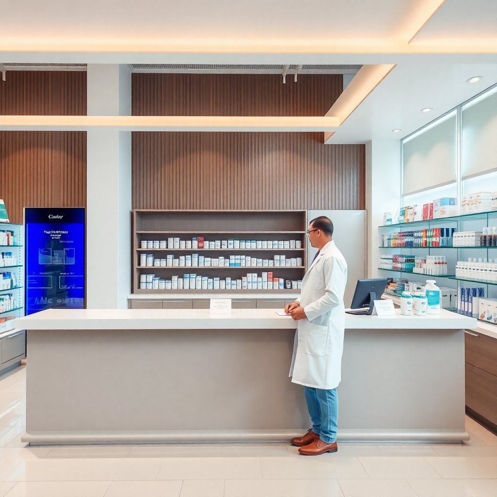 pharmacy counter with pharmacist in white coat, modern clean interior