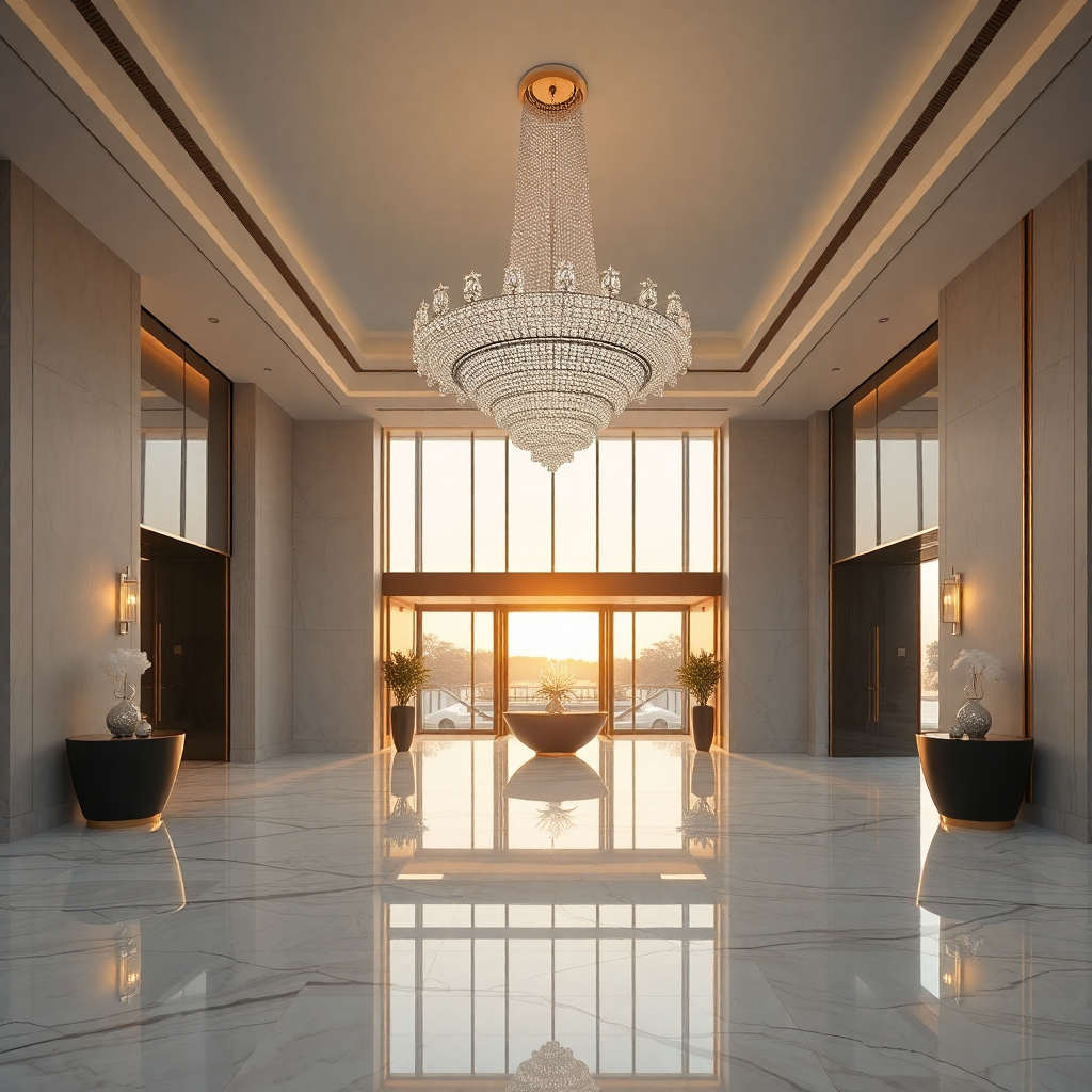 luxury hotel lobby interior with marble floors, crystal chandelier, elegant minimalist design