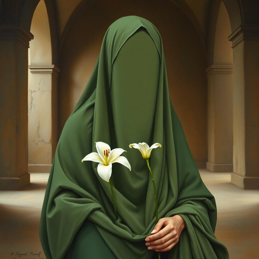 A reverent painting of a holy woman in a flowing green hijab