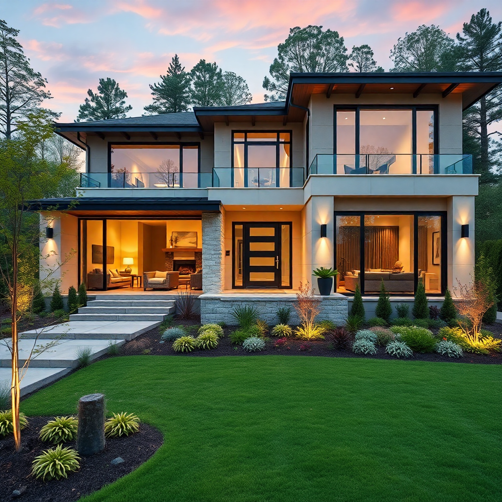 luxury modern home exterior with beautiful landscaping, professional real estate photography style