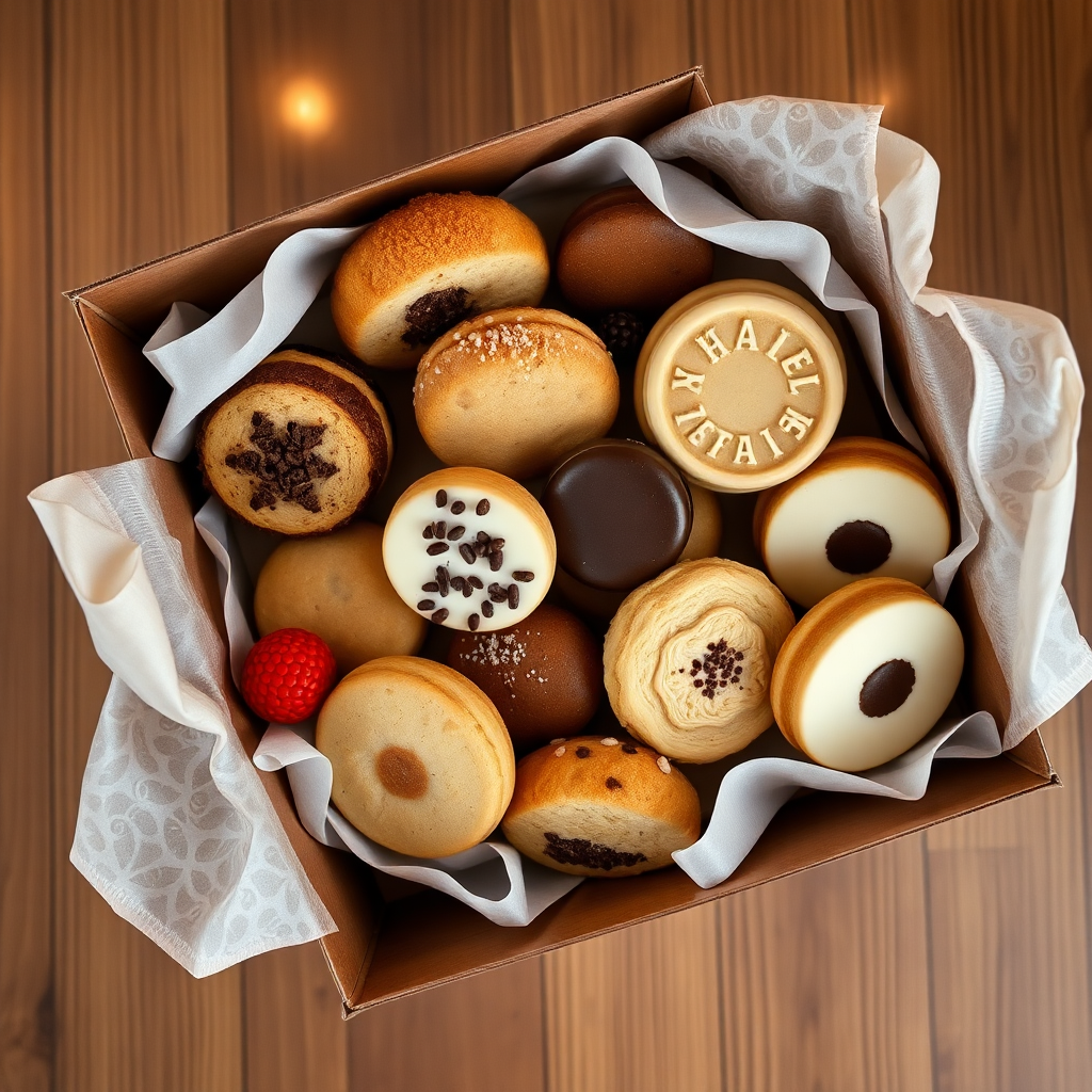 overhead view of a beautiful box filled with assorted gourmet cookies, warm lighting, aesthetic