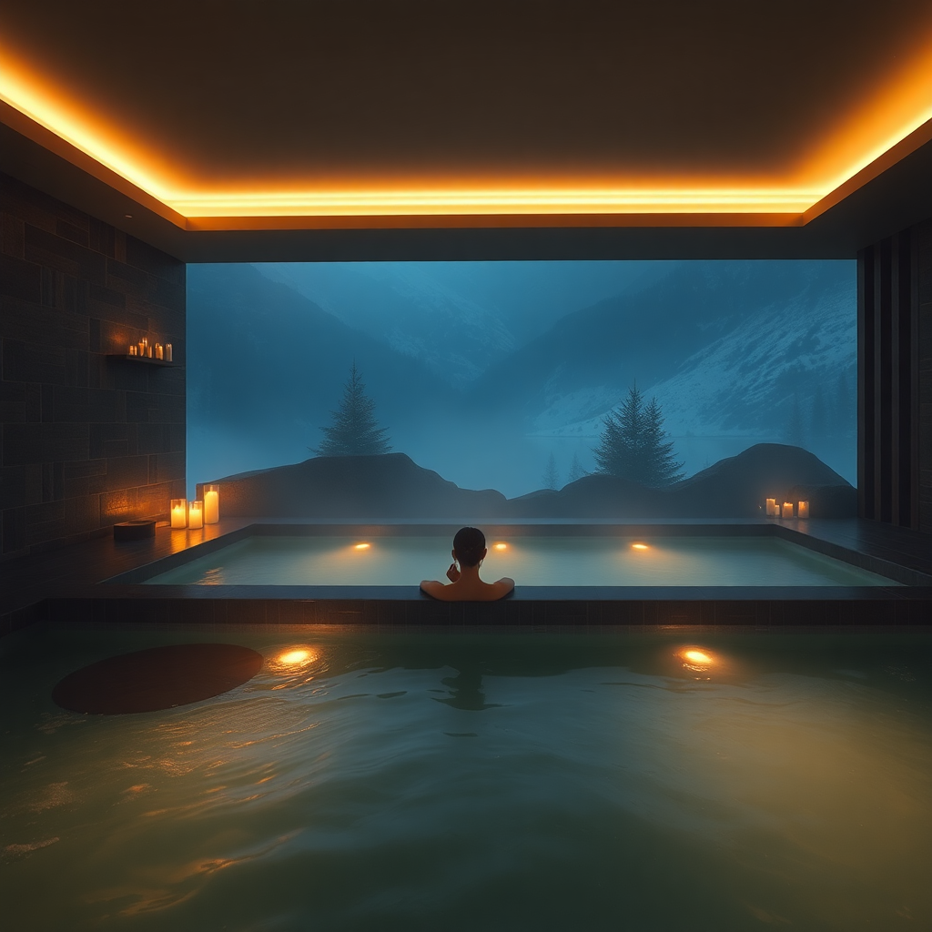 private thermal wellness experience Caldea Escaldes-Engordany Andorra intimate thermal pool steam luxury evening editorial photography dark cinematic alpine spa atmosphere champagne gold accents