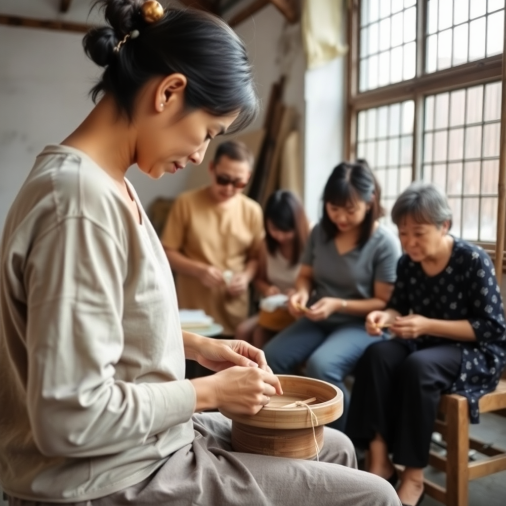 vietnamese local artisan workshop with tourists learning traditional craft, minimal clean photography