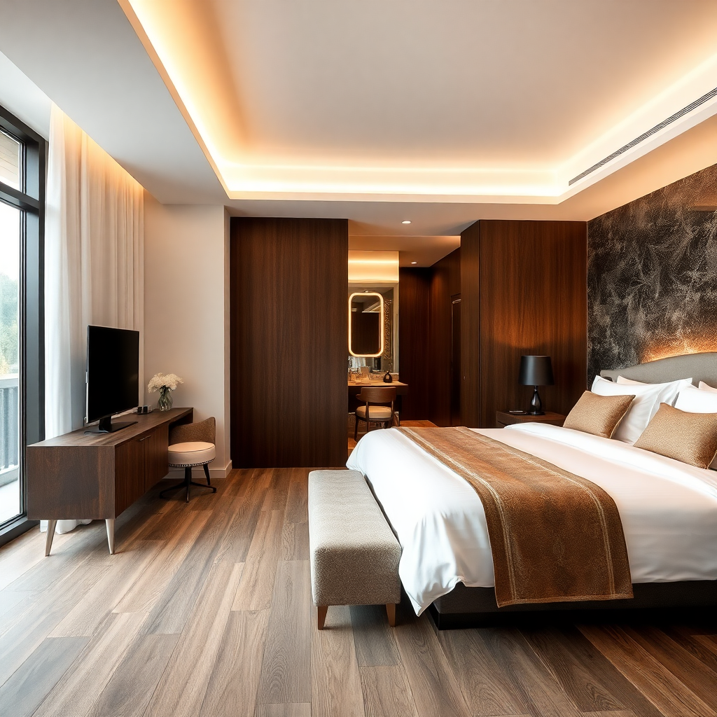 hotel room with wood tiles