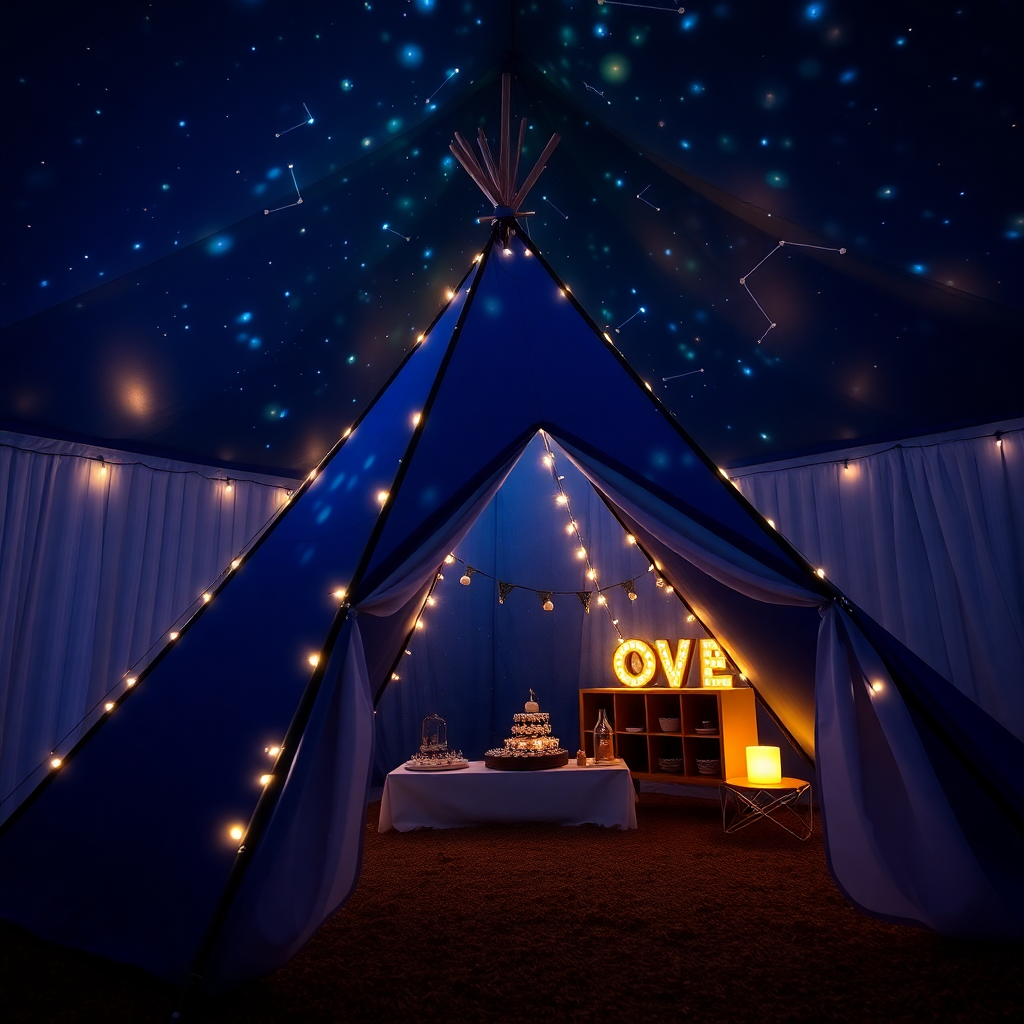 space mission theme teepee, night blue tents, constellations projected on ceiling, astronaut kit for kids party