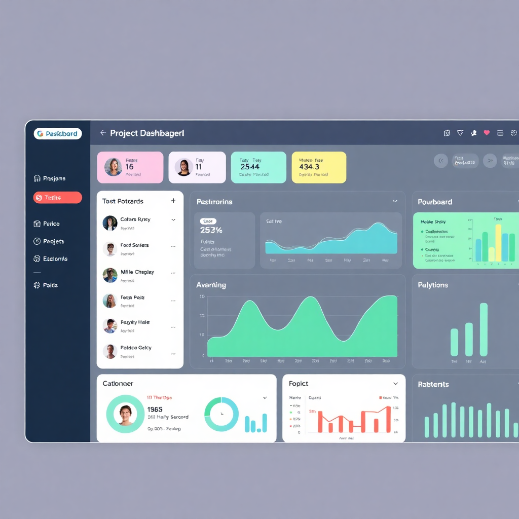 modern project management dashboard interface with clean design, task boards, charts, and team collaboration features