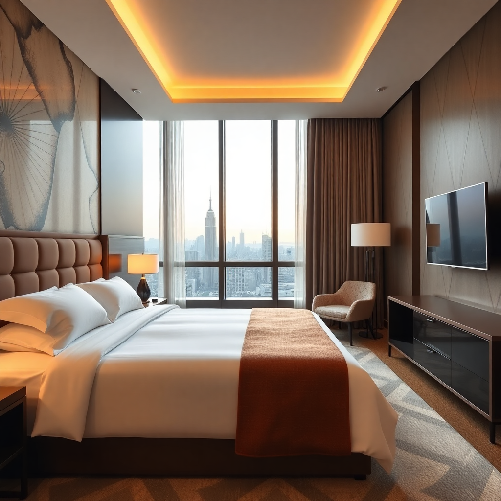 luxury hotel room with king bed city view and modern decor