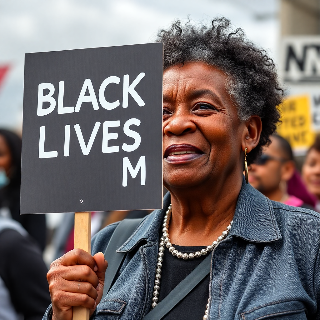 elderly Black woman holding Black Lives Matter sign, wisdom and strength, protest portrait