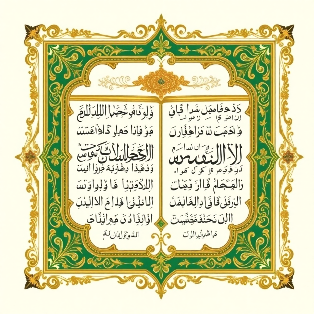 Islamic manuscript page with ornate decorative borders, Arabic calligraphy, gold and green colors, historical Quran page style