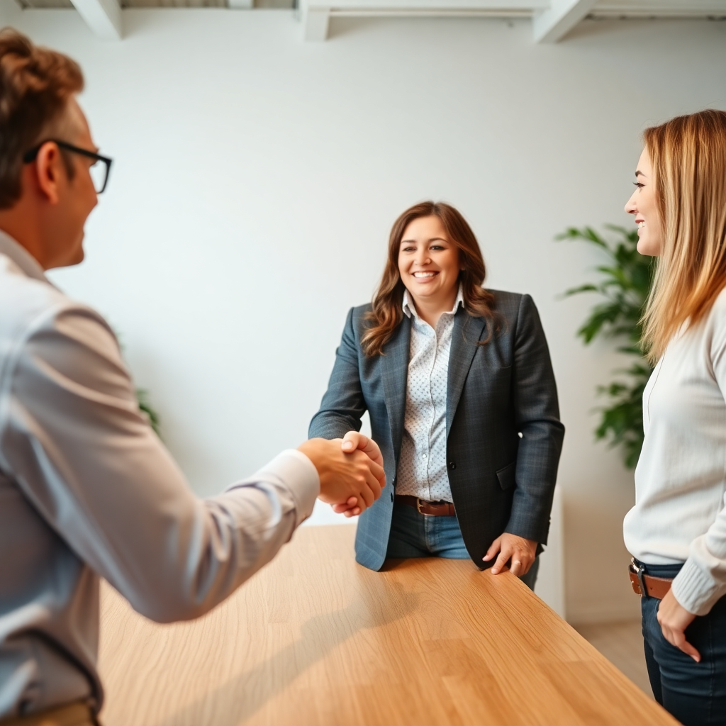 happy customers shaking hands with insurance agent, professional photography