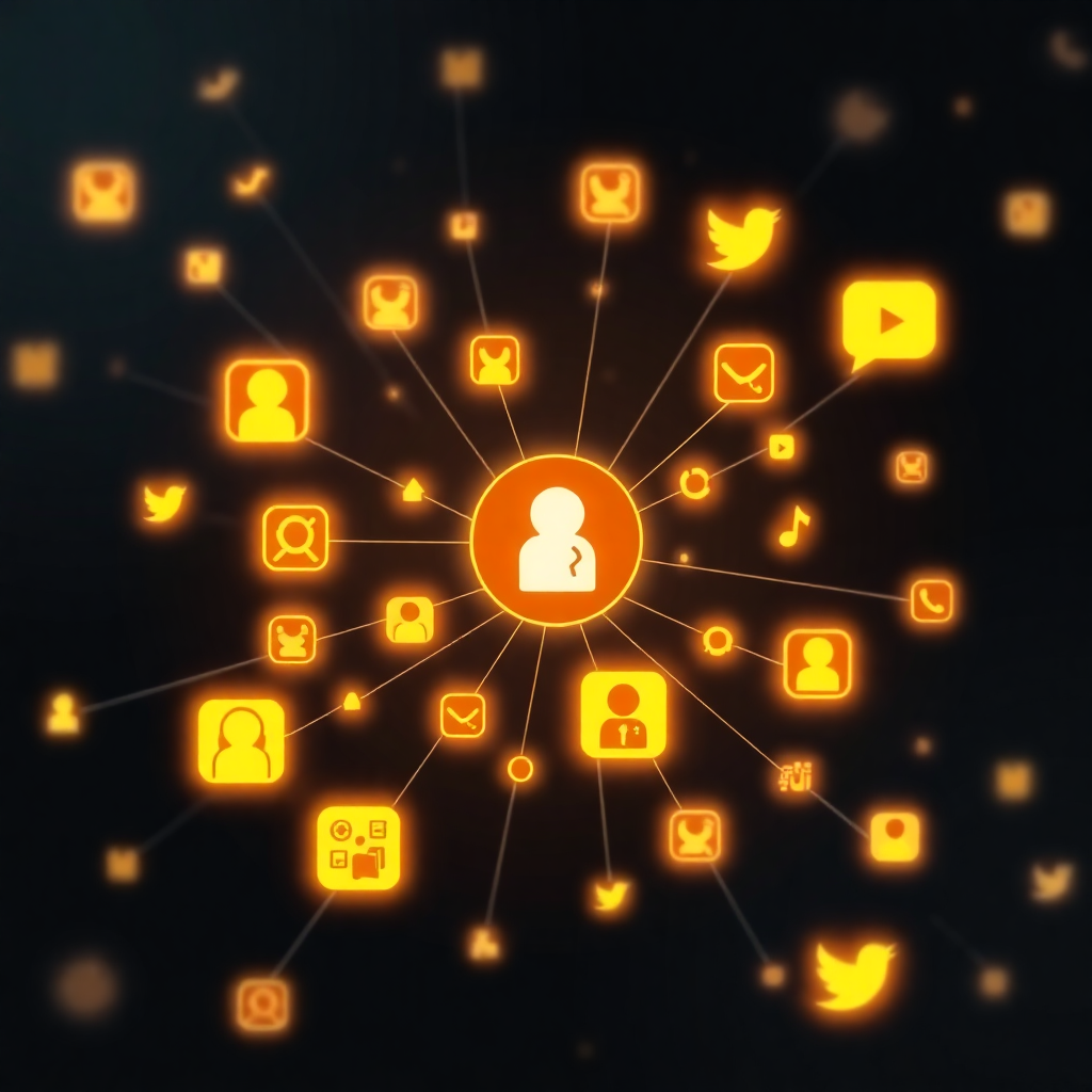 abstract social media network visualization, digital presence management, dark tech design with neon yellow social icons, brand engagement concept