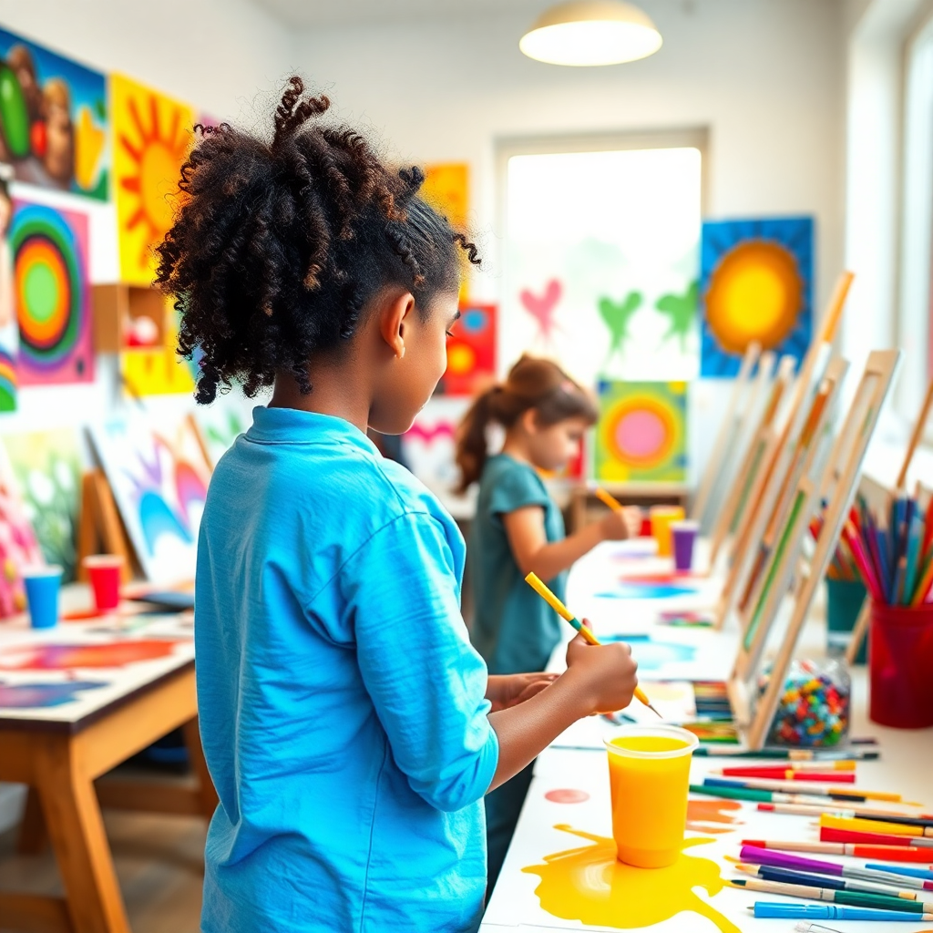 school art studio with students painting, colorful artwork, creative space, bright and inspiring
