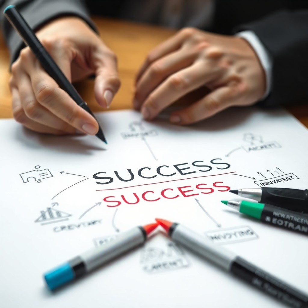 close up of hands drawing business strategy diagram with markers on white paper innovation success words