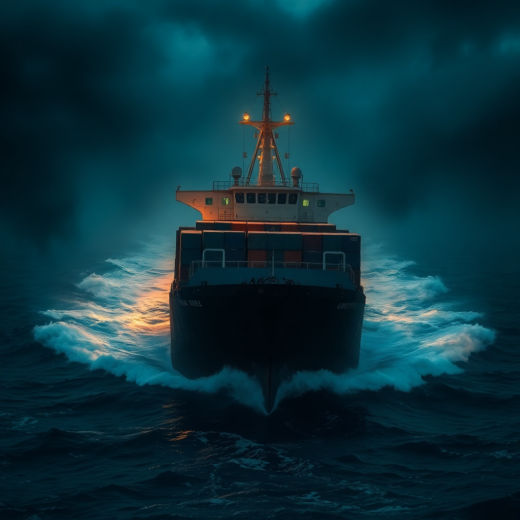 Cargo ship navigating through stormy seas, cinematic dark lighting