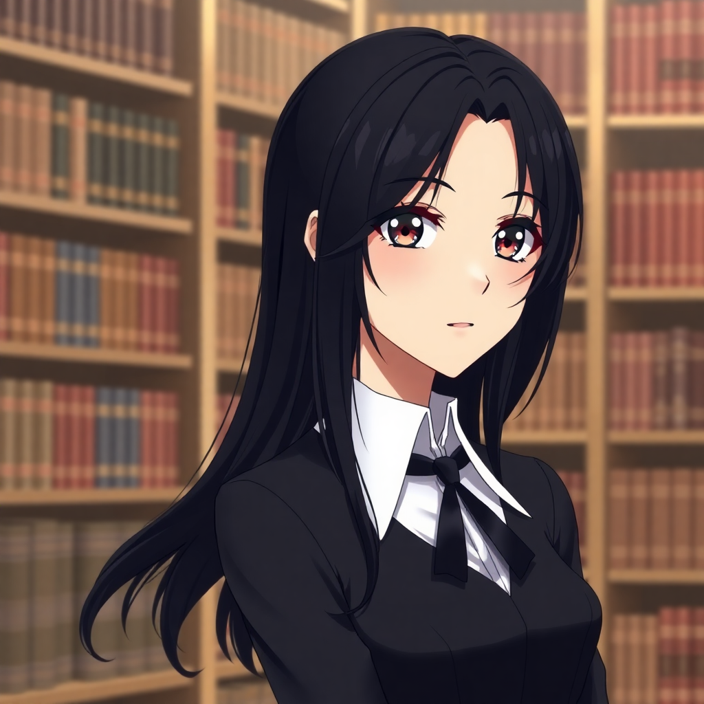 elegant anime girl with black hair, sophisticated, intelligent eyes, library background, portrait