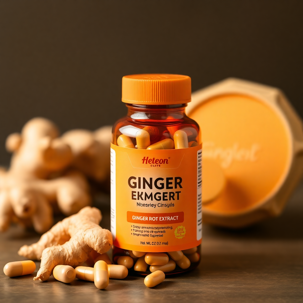 ginger root extract capsules, orange bottle, digestive health supplement, natural remedy, clean product photography