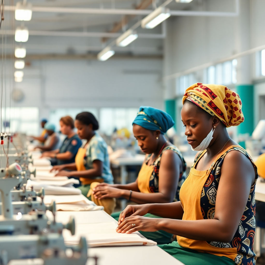 African textile workers in modern facility, collaborative environment, quality focus