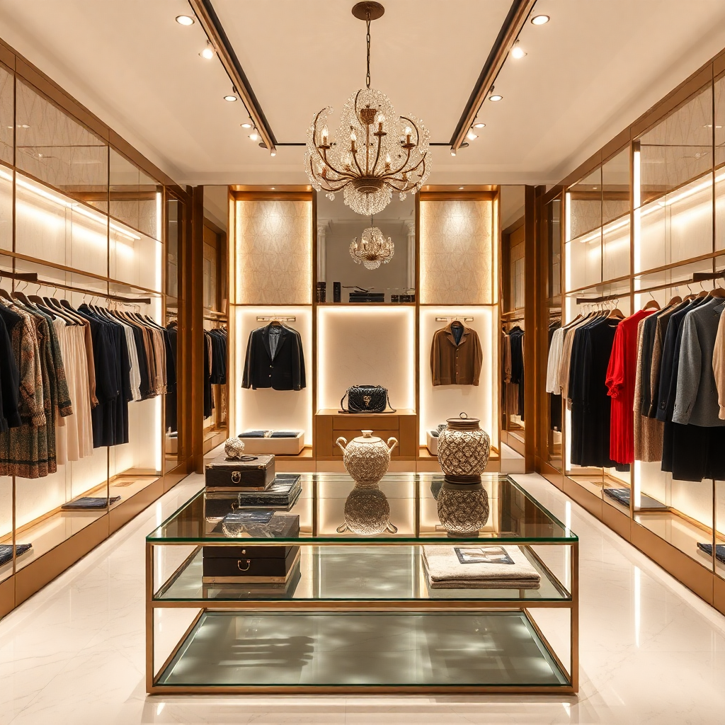 luxury fashion boutique interior, elegant clothing displays, high-end retail store, professional photography