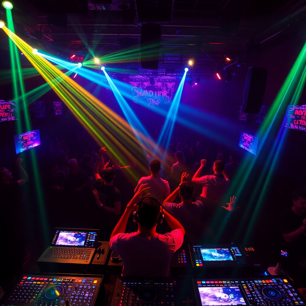 DJ set nightclub neon lights dancing crowd
