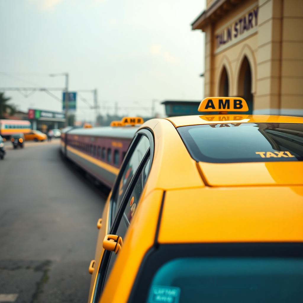 modern yellow taxi cab waiting outside Indian railway station, professional photography