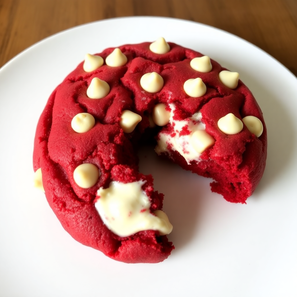 Red velvet cookie with white chocolate chips and cream cheese swirl