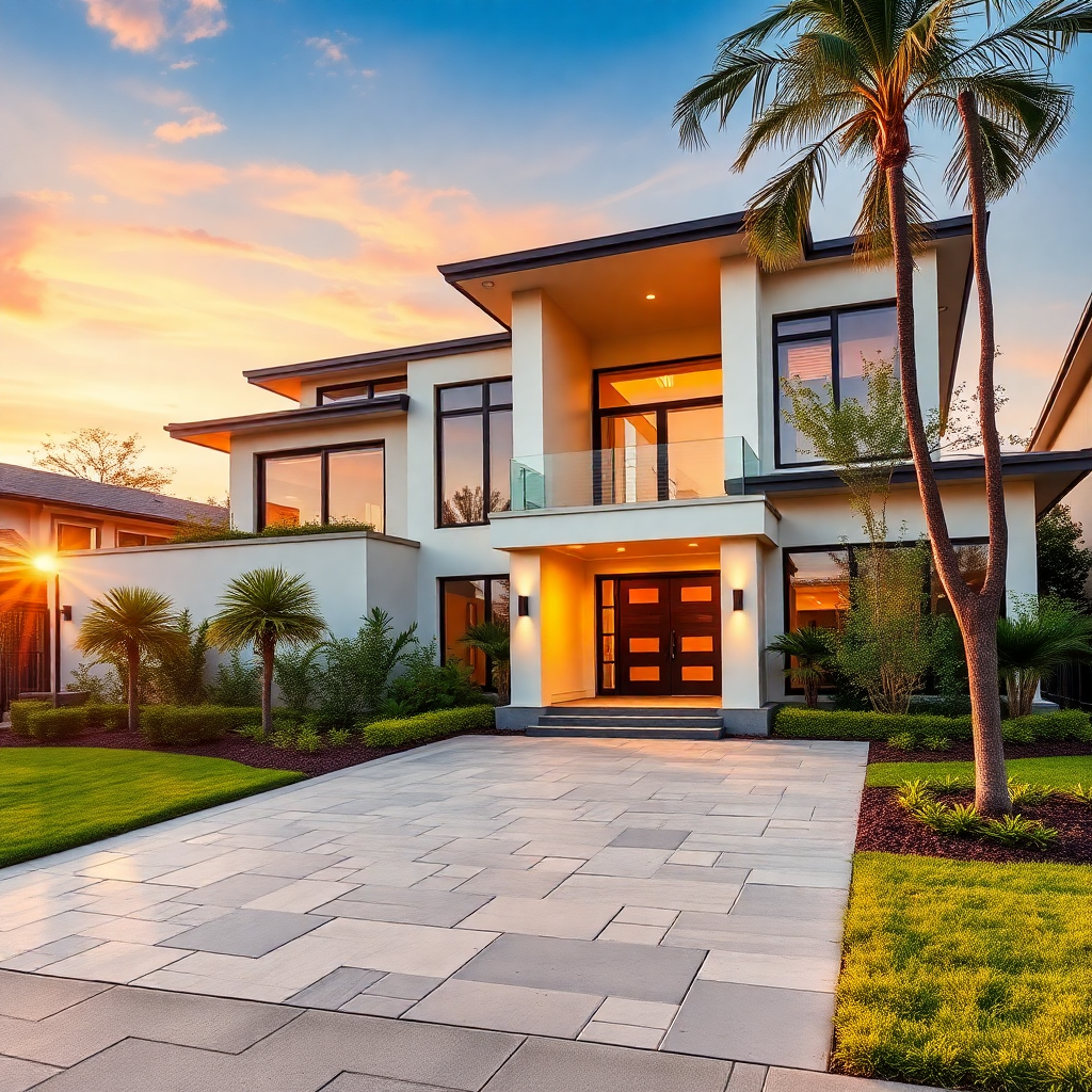 beautiful modern house exterior with garden, luxury residential property, warm sunset lighting, architectural photography