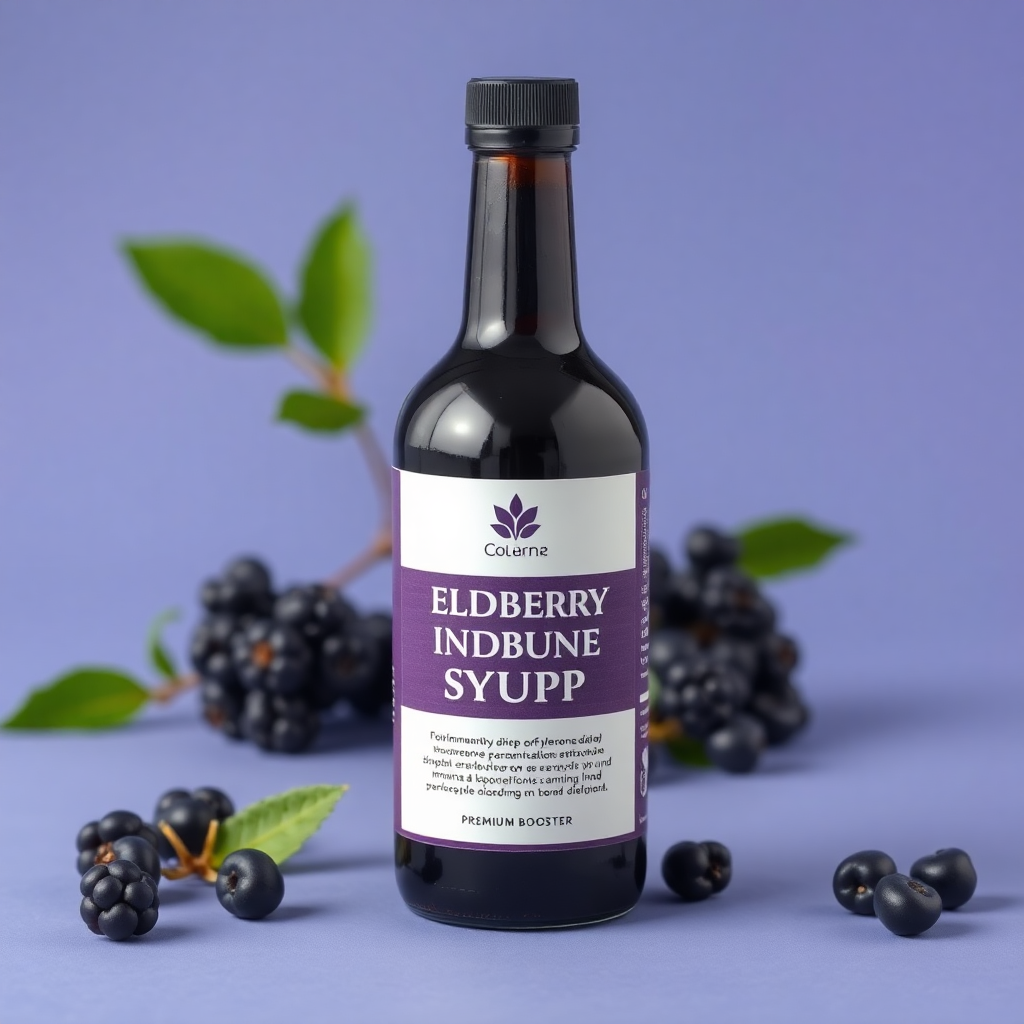 elderberry immune support syrup, dark purple bottle, immunity booster, herbal medicine, premium product shot