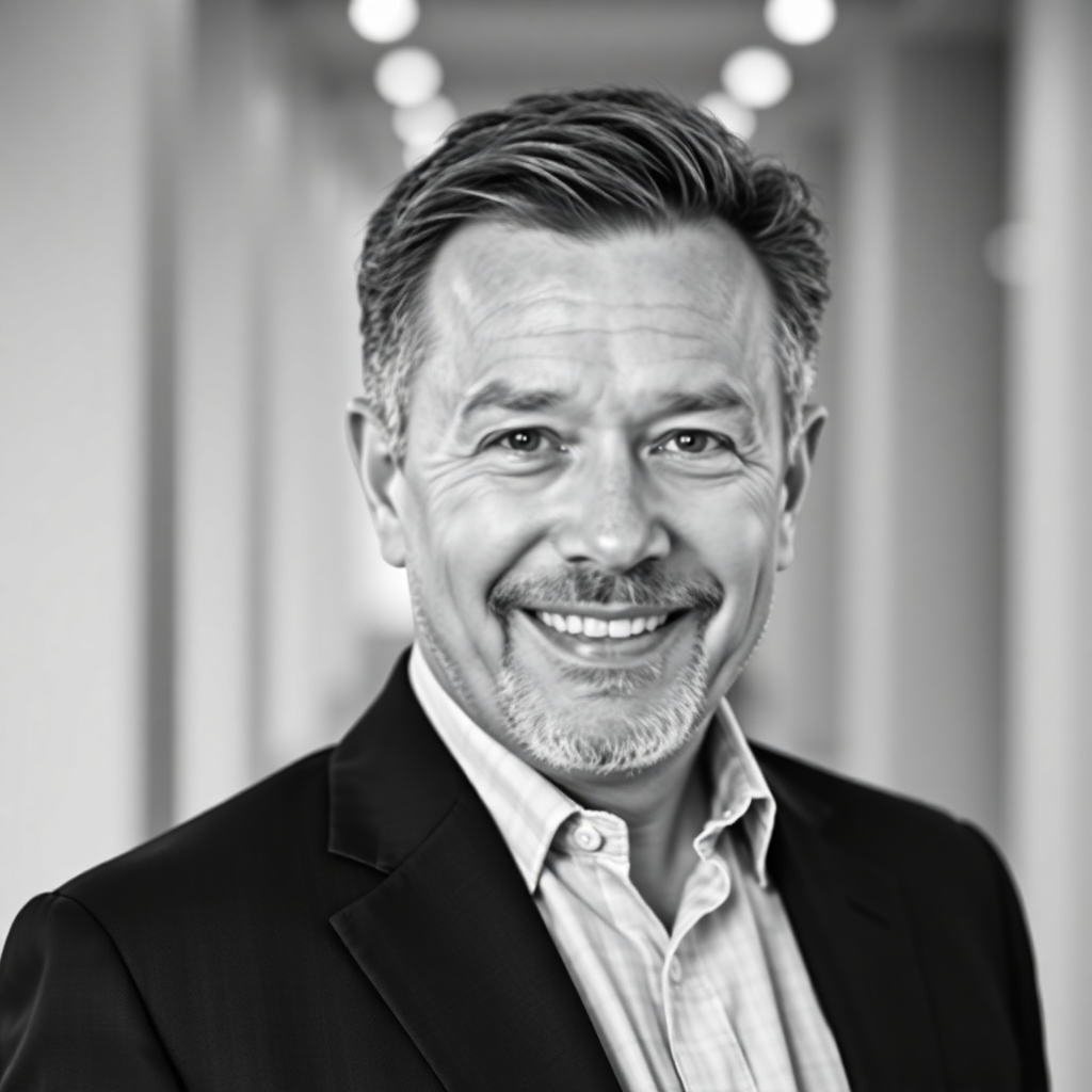 Professional black and white portrait of a sophisticated corporate founder, architectural lighting, minimal background
