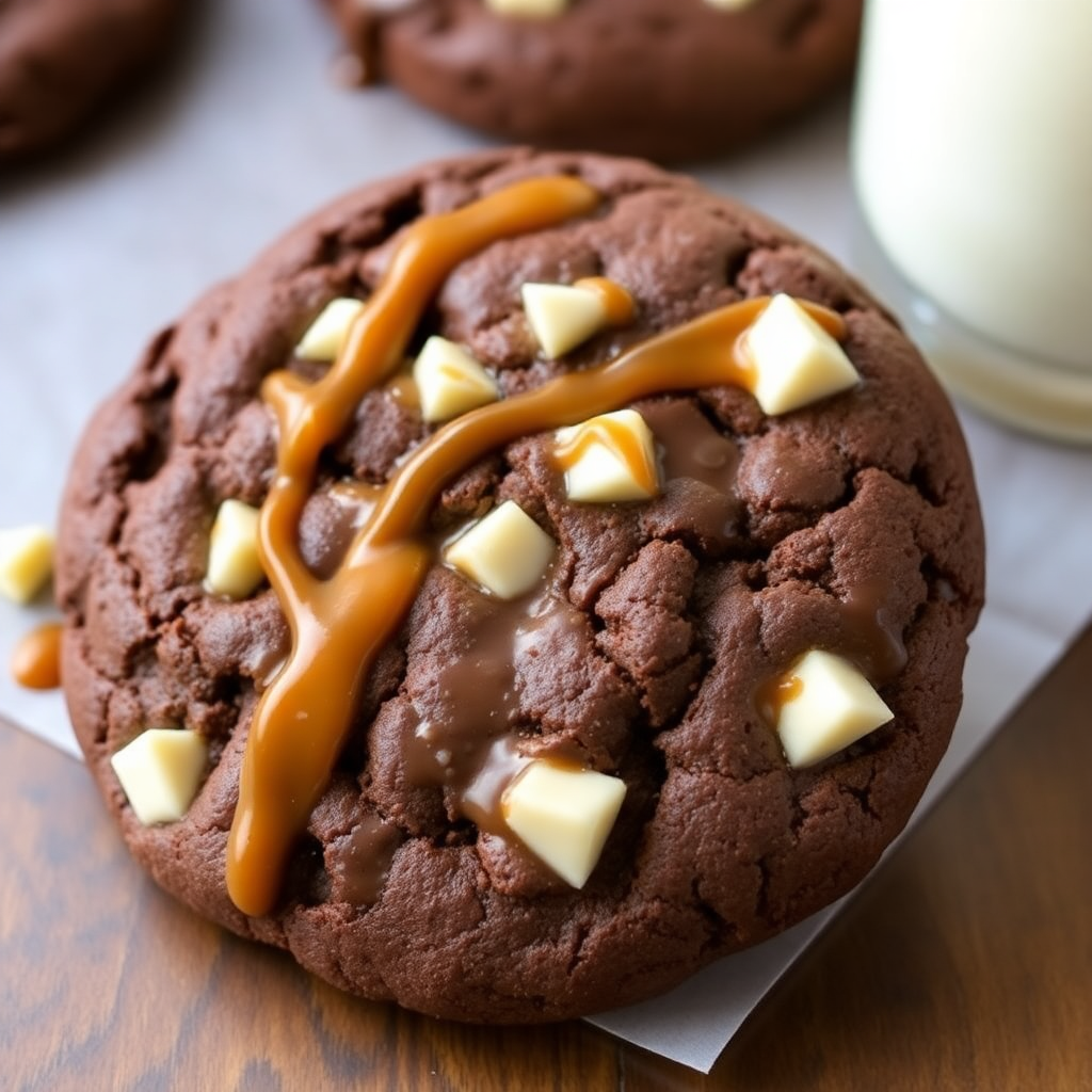 Double chocolate cookie with white chocolate chunks and caramel drizzle