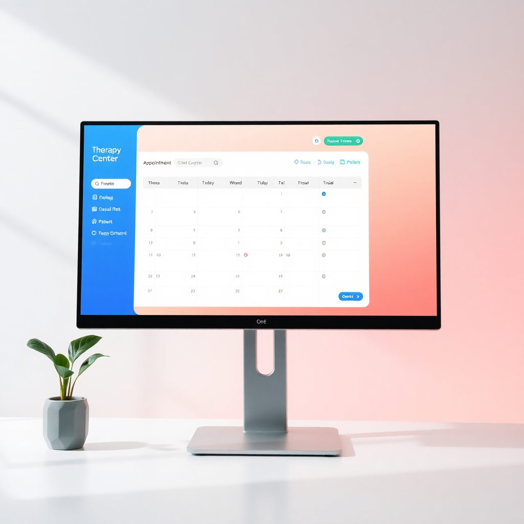 modern therapy center dashboard interface on computer screen showing appointment calendar and patient management system