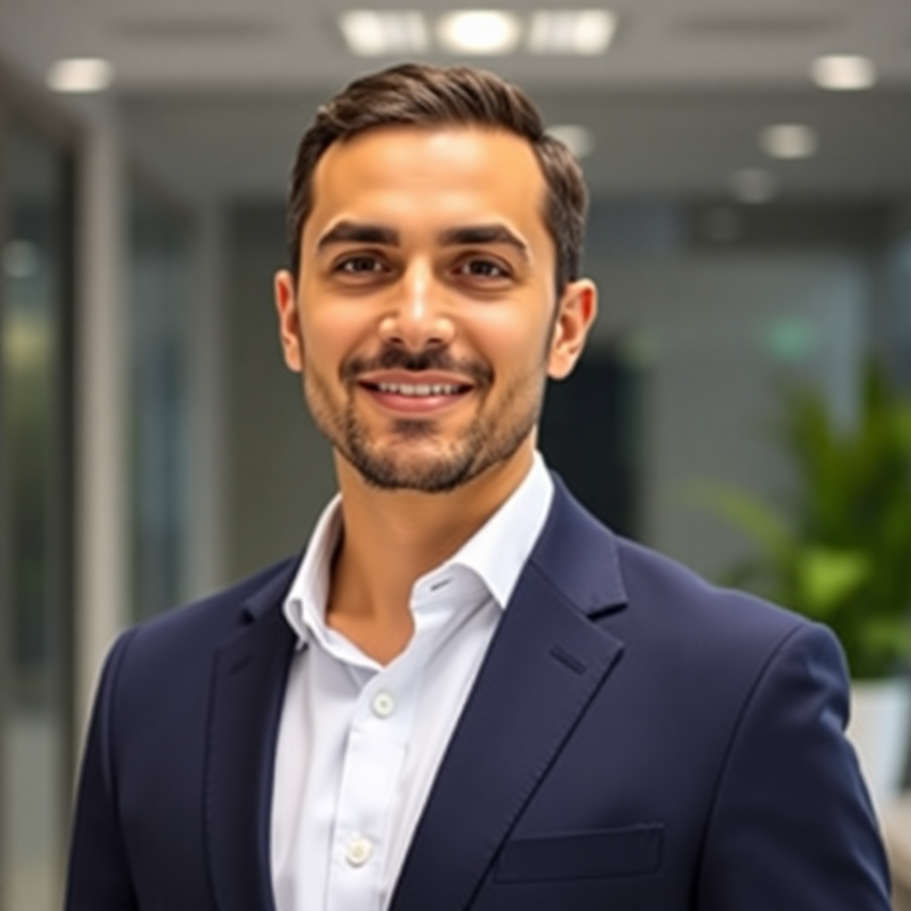 professional middle eastern male executive in a sharp navy suit, corporate portrait, modern office background