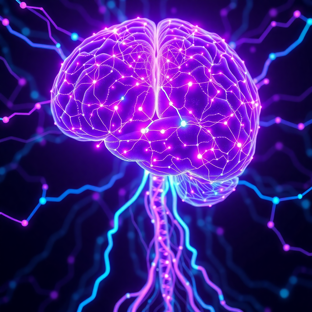 advanced cognitive AI neural network with glowing synapses, holographic brain visualization, purple and cyan neural pathways, futuristic artificial intelligence consciousness, digital mind interface