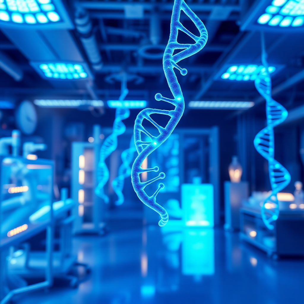futuristic laboratory with glowing blue lights and DNA strands