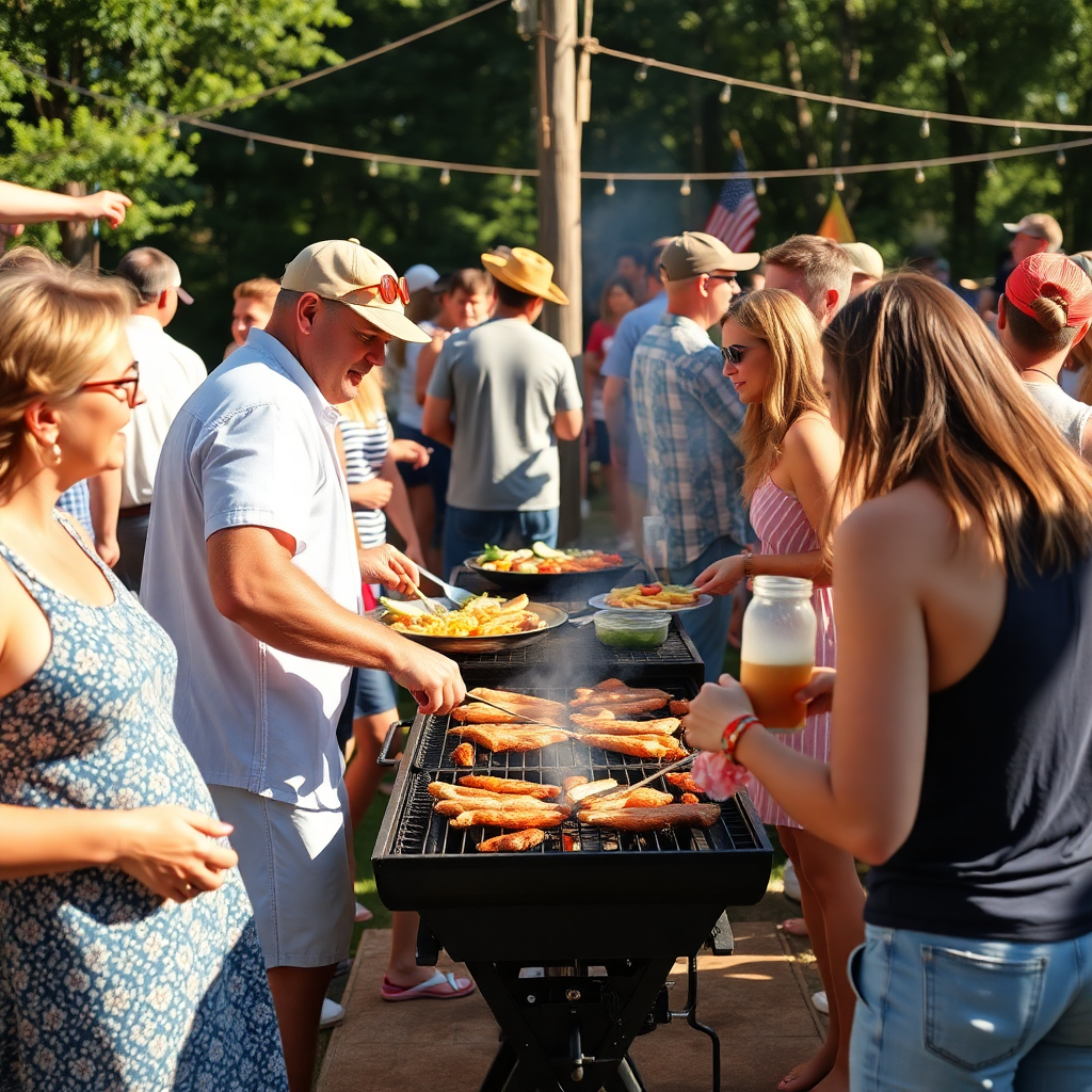 summer cookout community gathering outdoors, people enjoying grilled food, festive atmosphere, warm sunny day, rustic photography