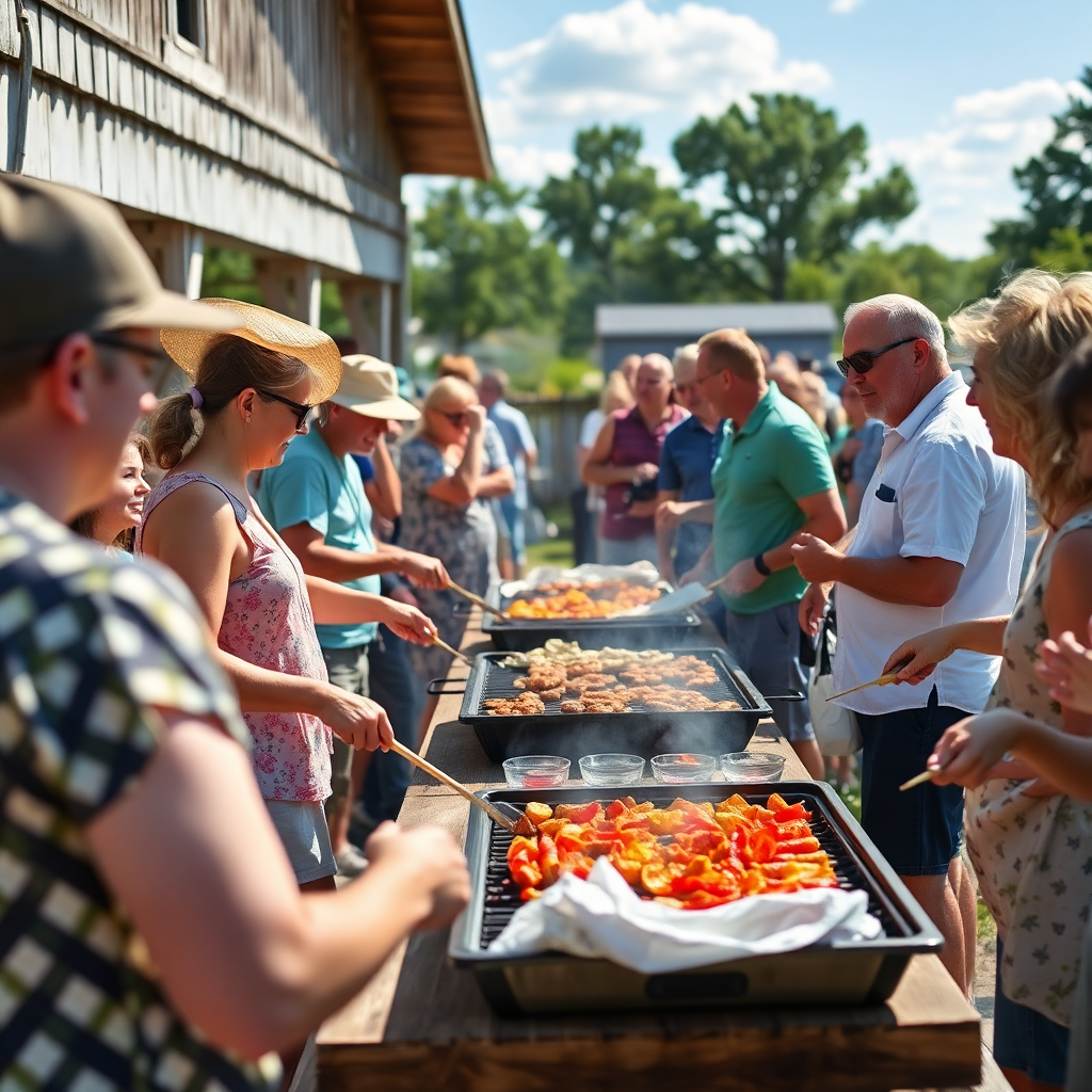 summer cookout community gathering outdoors, people enjoying grilled food, festive atmosphere, warm sunny day, Eastern Shore Maryland, rustic photography