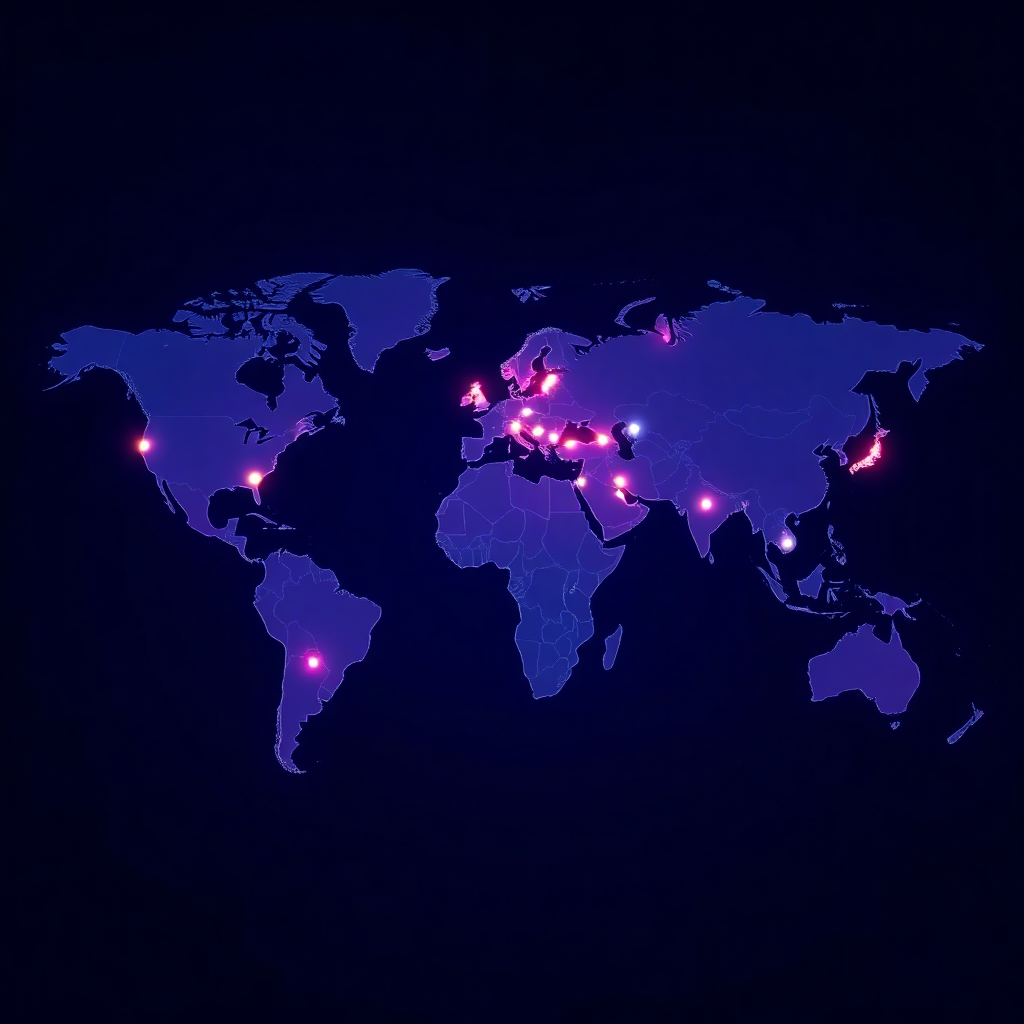 world map with glowing connection points showing VPN server locations across continents, blue and purple gradient style