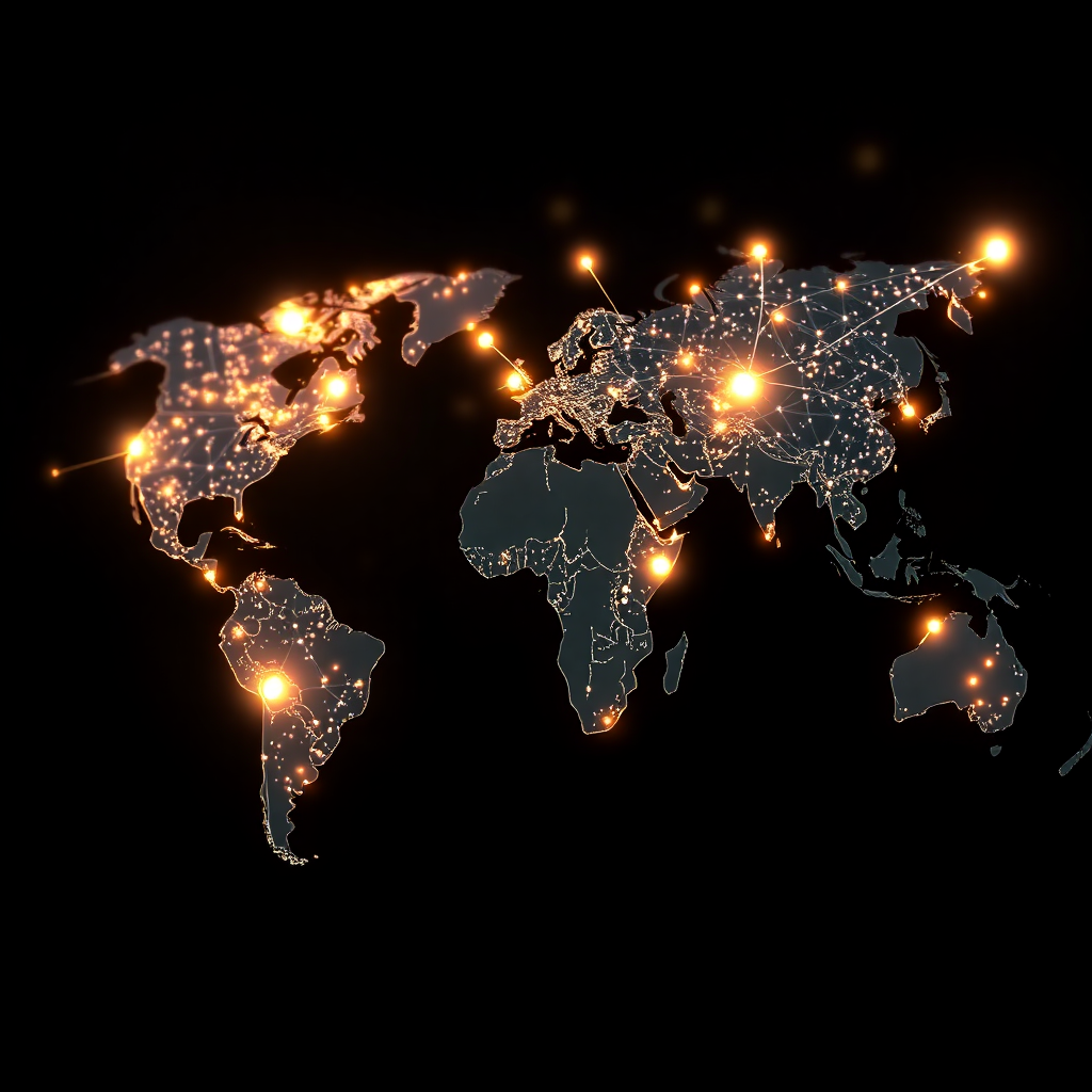 world map with glowing connection points showing global restaurant technology network, futuristic style