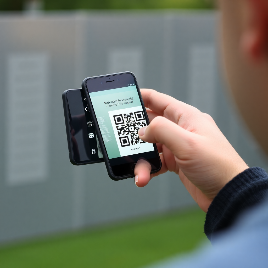 person scanning memorial QR code with smartphone, emotional moment