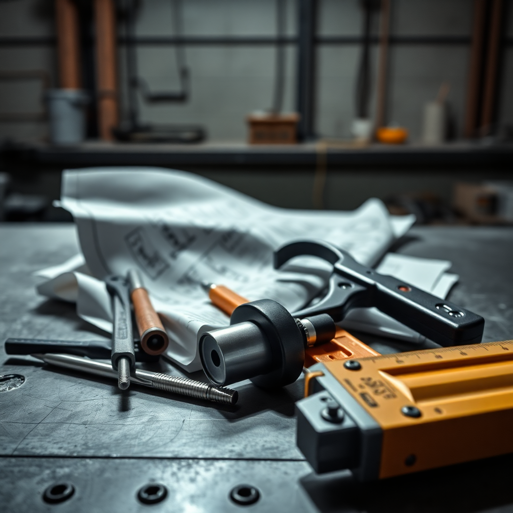 construction tools and blueprints on industrial steel surface, dramatic lighting, professional photography