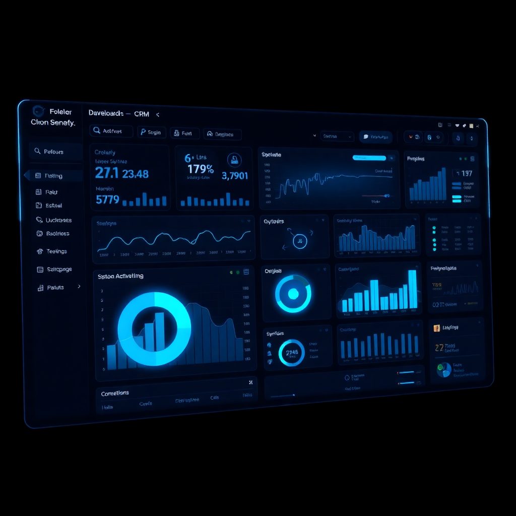 futuristic dark CRM dashboard interface with glowing blue elements and data visualization
