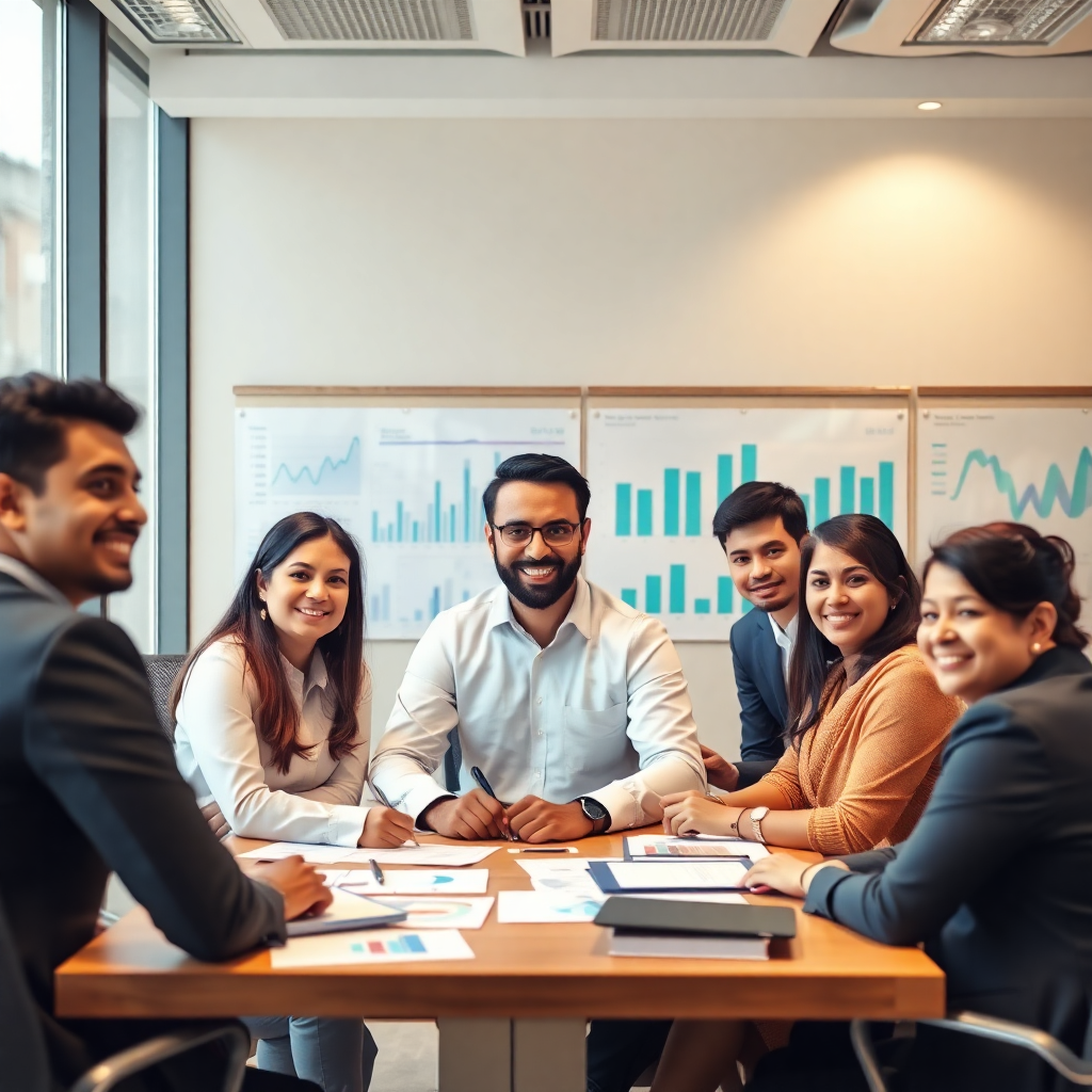 Indian financial advisory team in modern office, diverse professionals, charts and graphs, success atmosphere