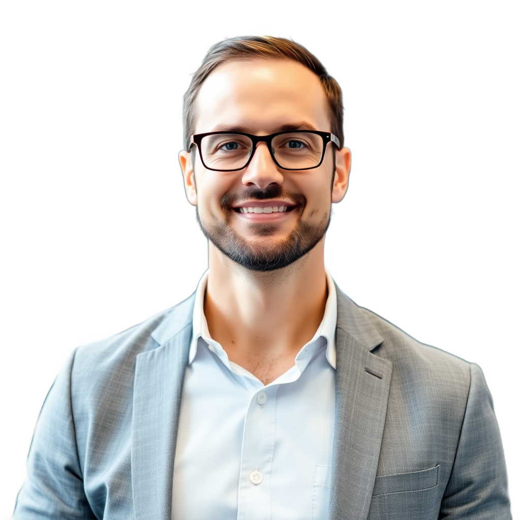 professional male CTO technology executive in business casual, confident tech leader portrait, clean corporate headshot, modern tech office background, sharp focus