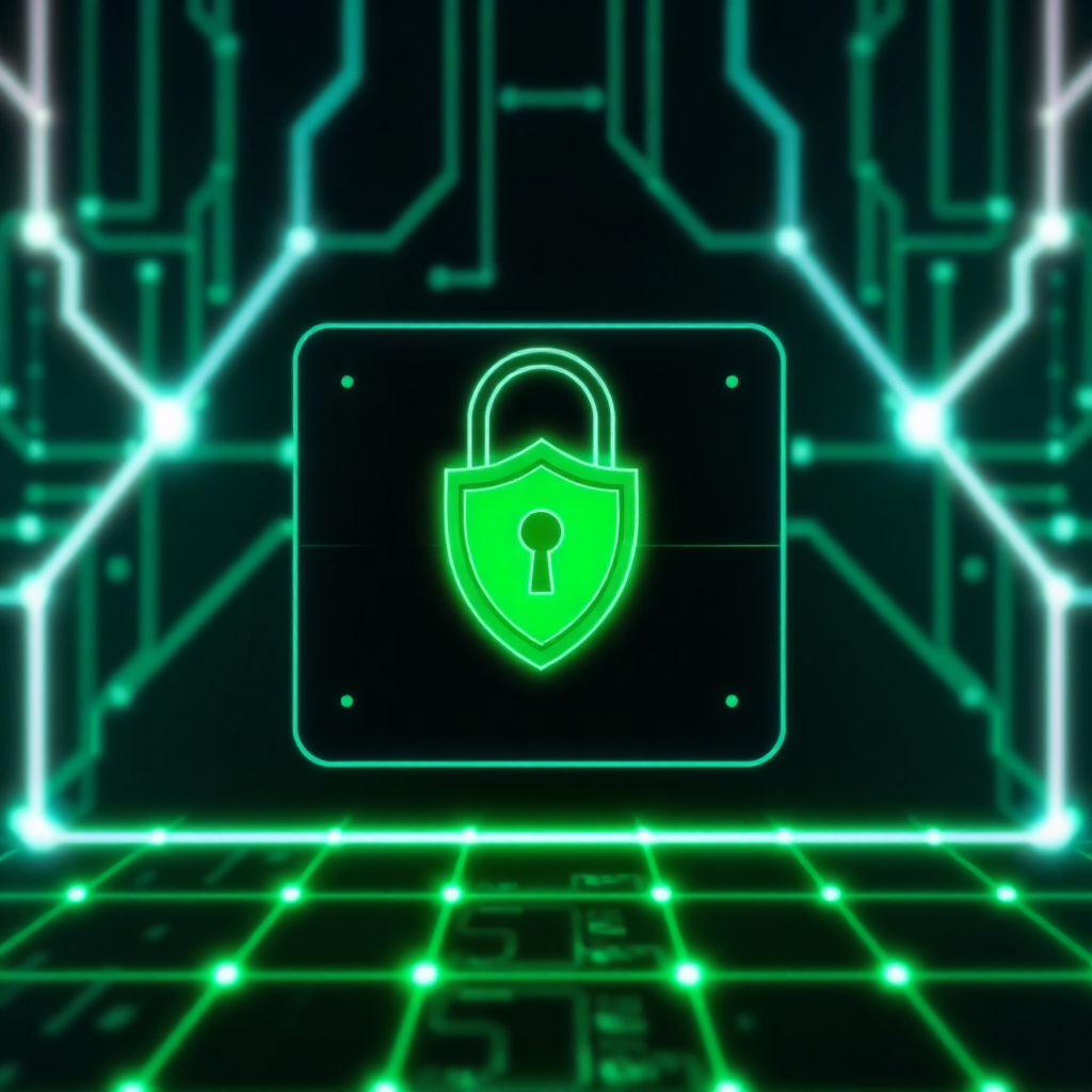 cyberpunk-style network security visualization with digital lock, shield and glowing green protection grid on dark background