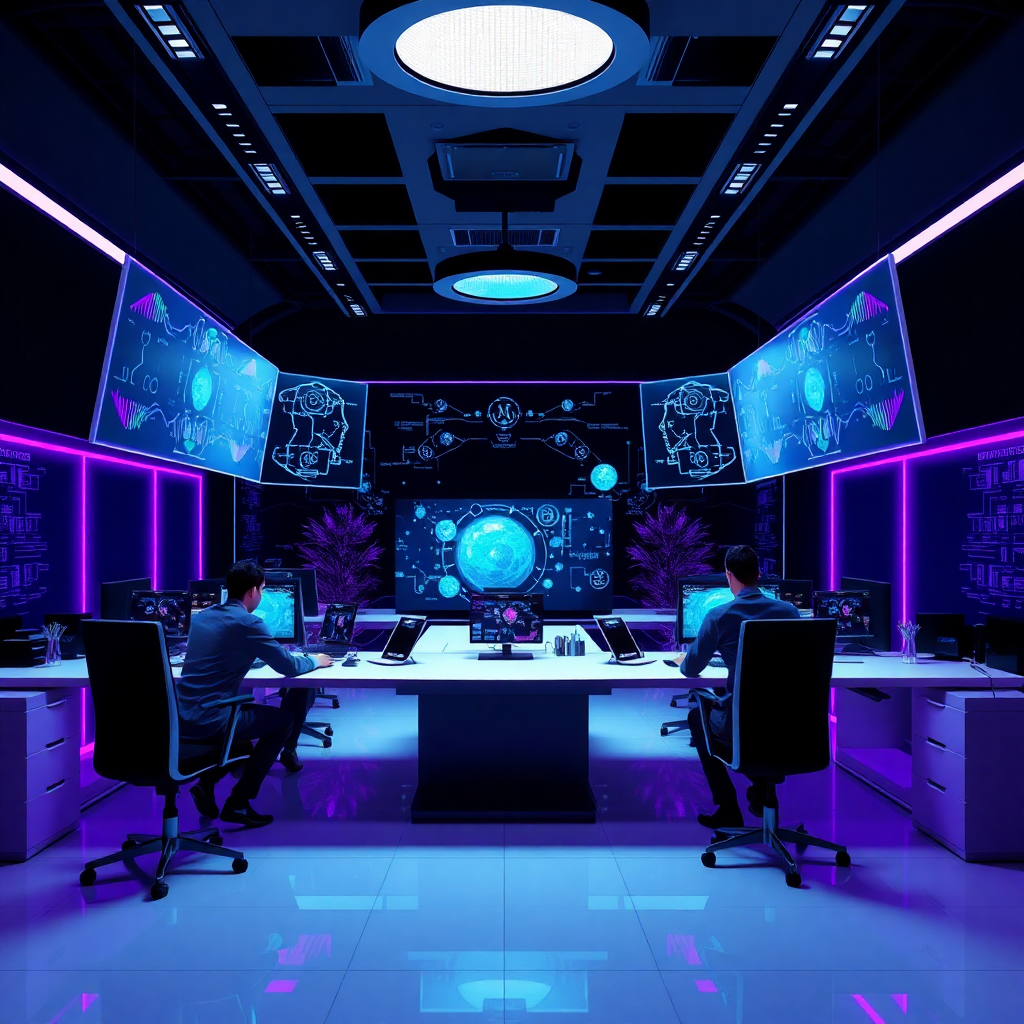 futuristic office with team working on AI solutions, dark mode, purple and blue accents, professional atmosphere