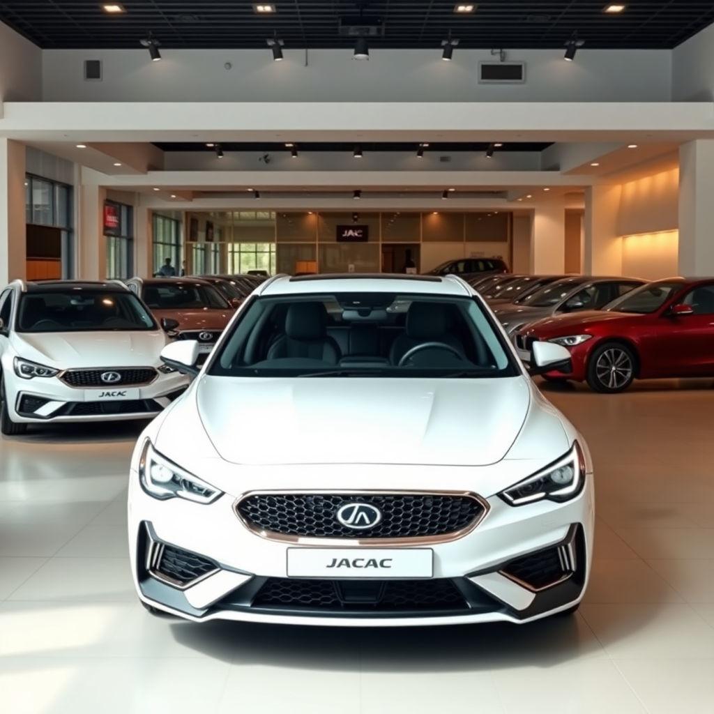 modern luxury JAC dealership showroom interior with multiple cars on display professional lighting contemporary design