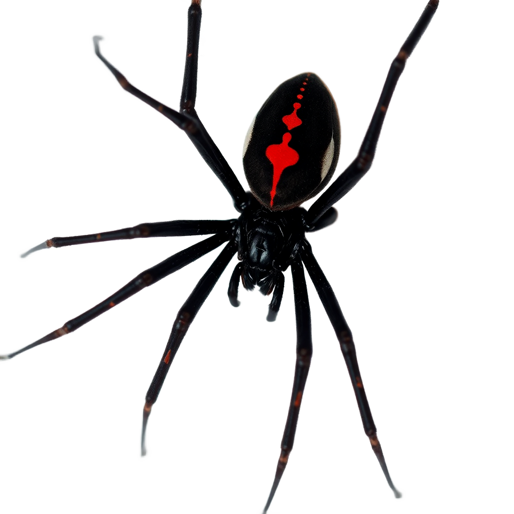 black widow spider with red hourglass marking on white background, extreme macro photography