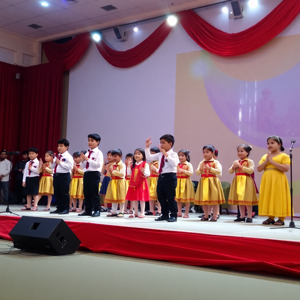 school annual day celebration with students performing on stage