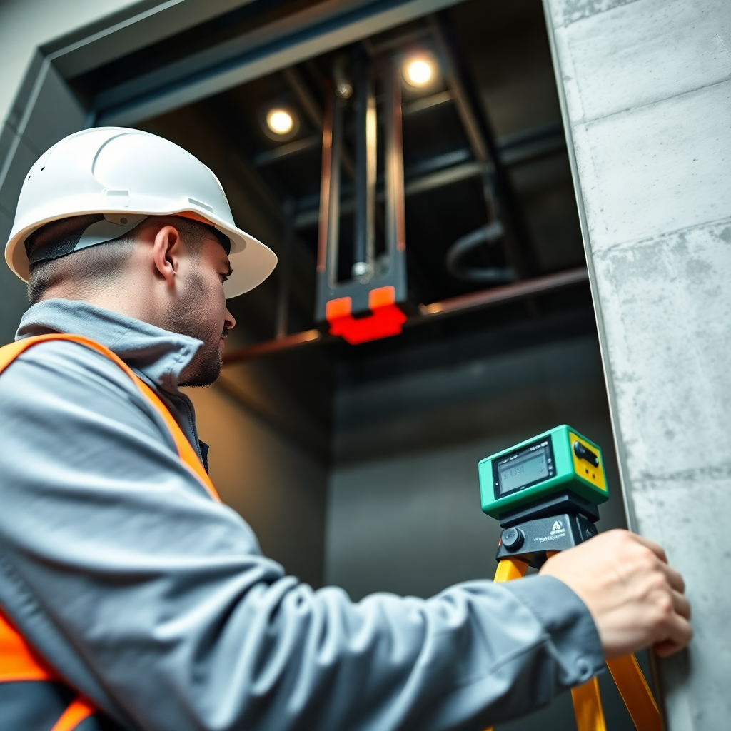 engineer measuring elevator shaft with laser tools, technical inspection, professional lighting, Hungarian worker